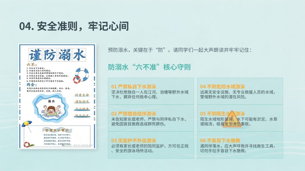 图片[16]-中小学校园防溺水安全教育 PPT 湖蓝橘黄警示风主题班会课件免费下载