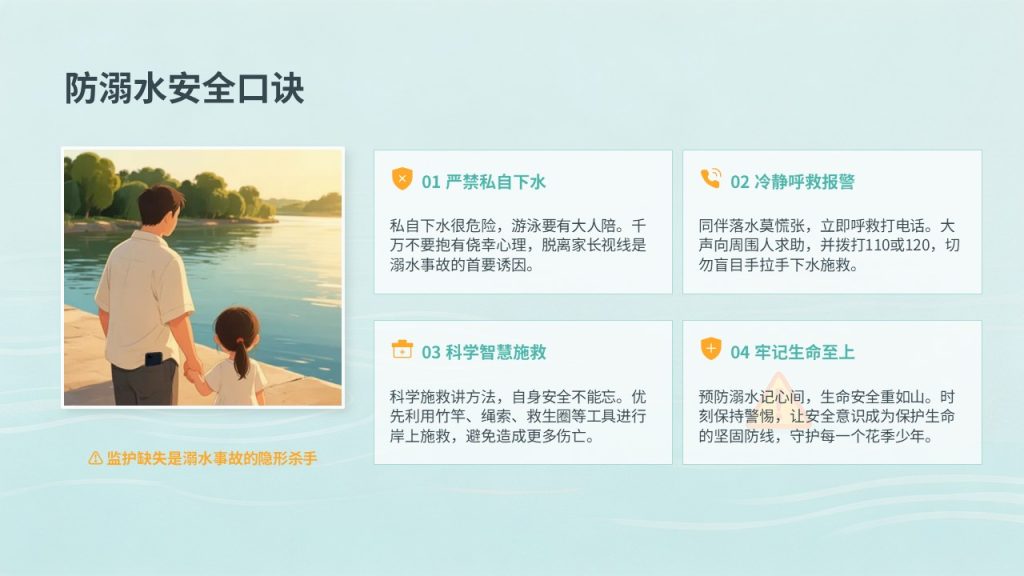 图片[17]-中小学校园防溺水安全教育 PPT 湖蓝橘黄警示风主题班会课件免费下载