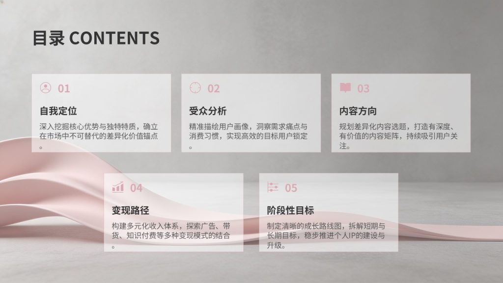图片[2]-自媒体个人 IP 打造规划 PPT 模板｜现代轻商务石墨灰蔷薇粉 IP 定位方案