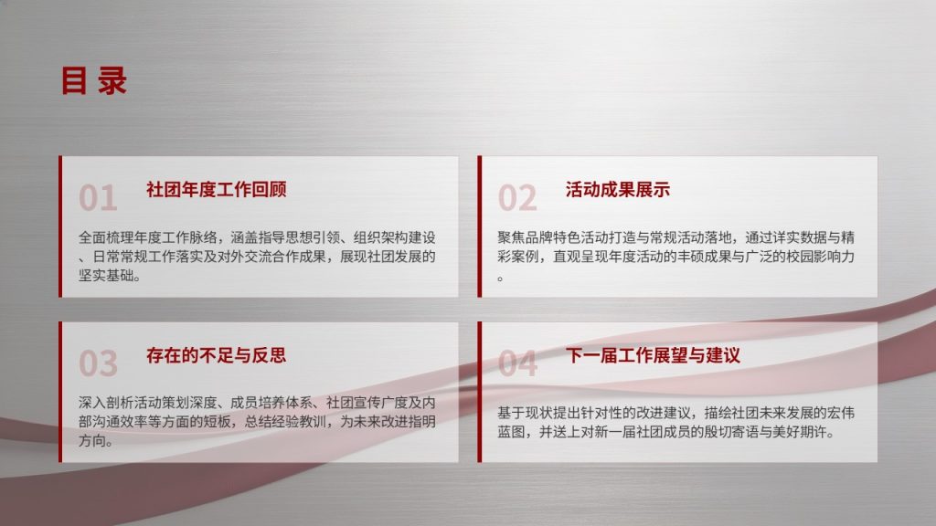 图片[2]-酒红浅银灰校园正式风社团换届述职报告 PPT 完整版免费下载