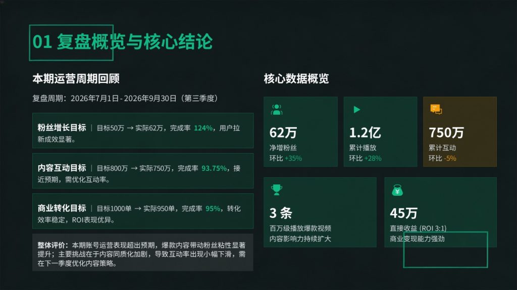 图片[3]-潮流轻商务短视频账号运营复盘 PPT 炭黑薄荷绿数据复盘模板免费下载