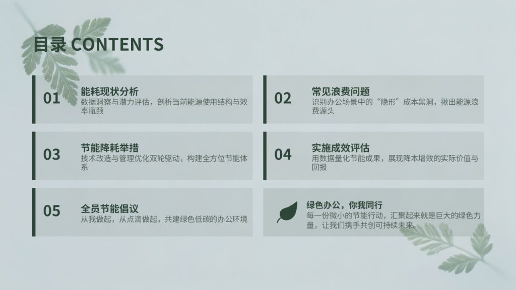 图片[3]-简约环保风办公室节能降耗专题汇报 PPT 模板 墨绿浅灰蓝工作汇报免费下载