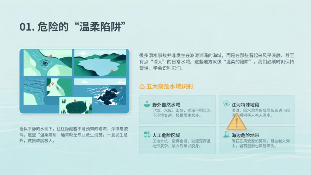 图片[4]-中小学校园防溺水安全教育 PPT 湖蓝橘黄警示风主题班会课件免费下载