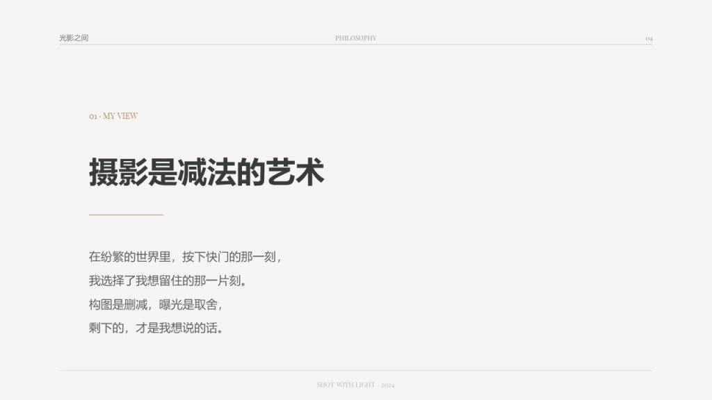 图片[4]-高级极简文艺风摄影作品分享 PPT 冷灰浅香槟留白作品集模板
