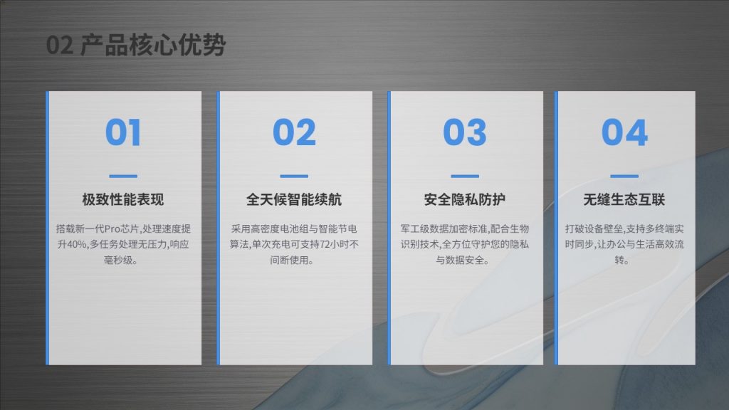 图片[19]-高级灰 + 品牌蓝轻奢产品介绍 PPT 模板 企业新品宣讲招商专用