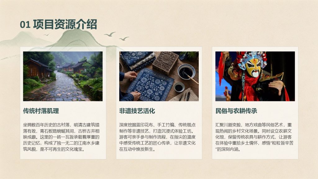 图片[5]-森绿卡其国风乡村旅游项目推广策划 PPT 模板 简约山水矢量乡村文旅方案免费下载