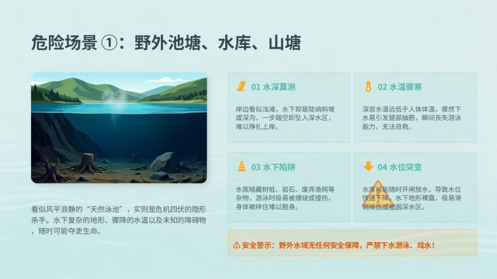 图片[5]-中小学校园防溺水安全教育 PPT 湖蓝橘黄警示风主题班会课件免费下载
