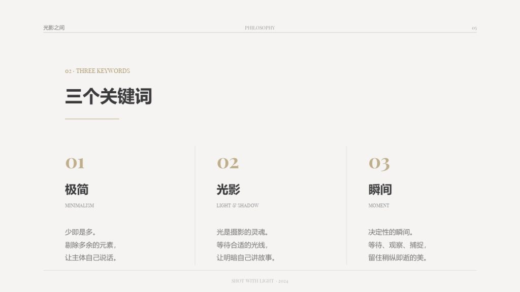 图片[5]-高级极简文艺风摄影作品分享 PPT 冷灰浅香槟留白作品集模板