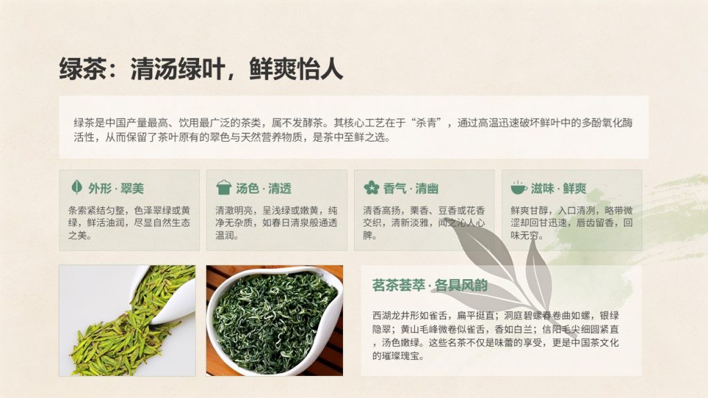 图片[6]-国风淡雅茶文化科普 PPT 模板｜茶绿米杏配色 茶叶分类饮茶礼仪茶具茶俗完整课件免费下载