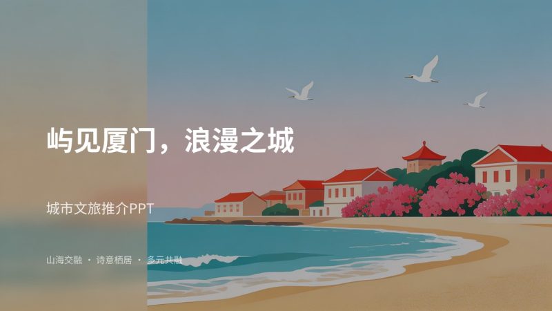 城市文旅推介 PPT 模板 湖蓝暖沙金清新大气 景点美食民俗游玩路线免费下载-优素材